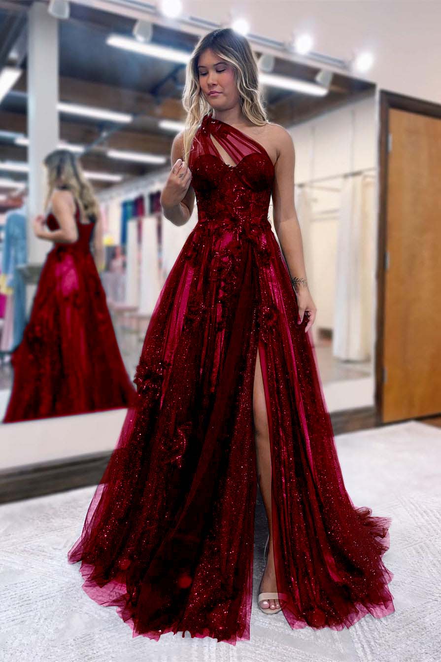 Black One Shoulder A Line Prom Dress Side Split Tulle With Appliques
