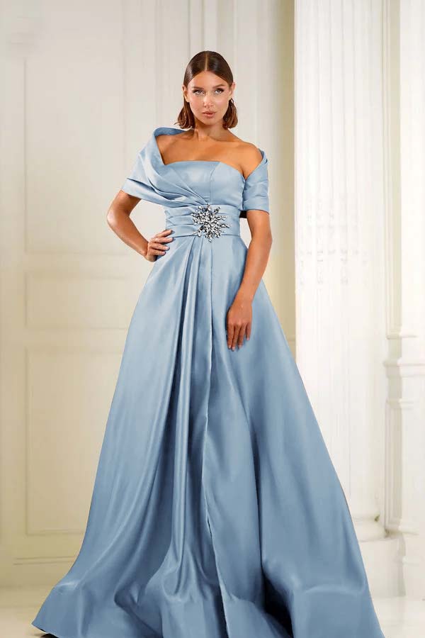 Off the Shoulder Sleeveless Long Prom Dress With Pleated Beading BMBRIDE