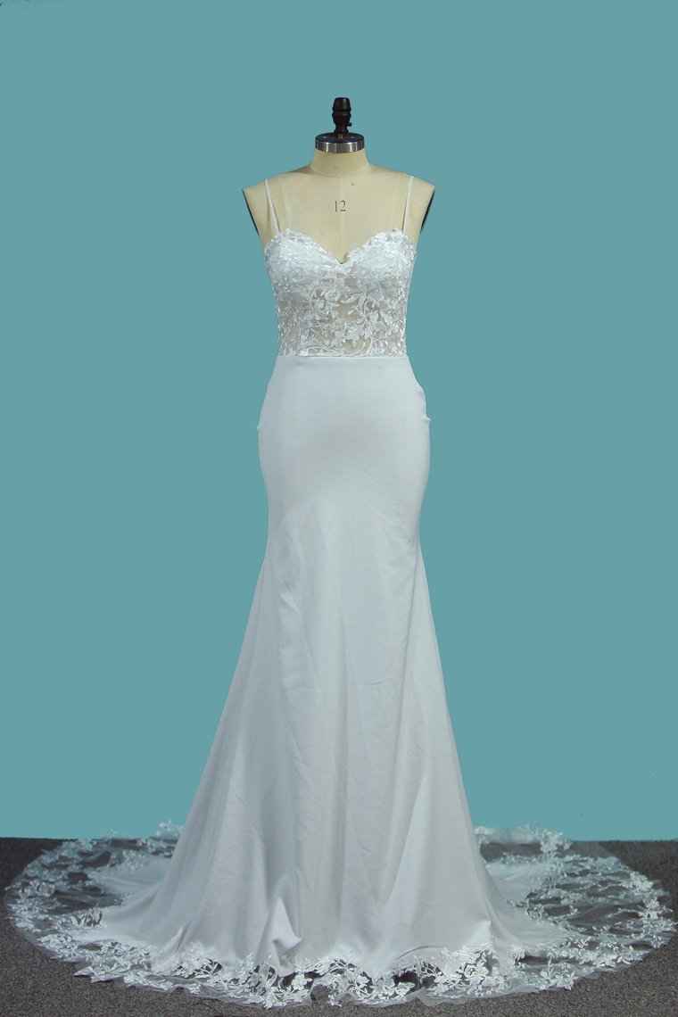 Sweetheart Spaghetti Strap Floor-Length Mermaid Wedding Dress with Lace BM bride