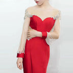 Red Mermaid Evening Dress with Satin Long Sleeves and Beading BM bride