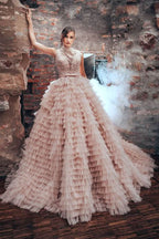 Long A-Line Sleeveless High Neck Princess Wedding Dress with Tulle BM bride