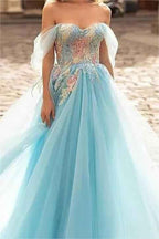 Sky Blue Off the Shoulder Tulle Sleeveless Sweetheart A Line Long Prom Dress