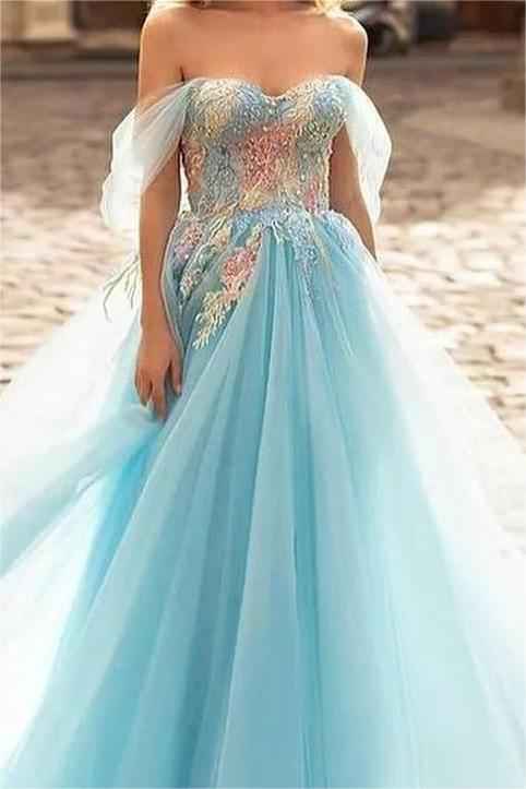 Sky Blue Off the Shoulder Tulle Sleeveless Sweetheart A Line Long Prom Dress