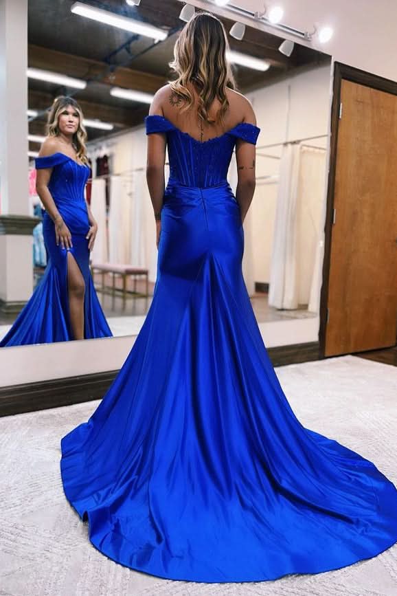 Elegant Sequins Off-The-Shoulder Evening Dress with Pleated Slit BM bride