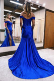 Elegant Sequins Off-The-Shoulder Evening Dress with Pleated Slit BM bride