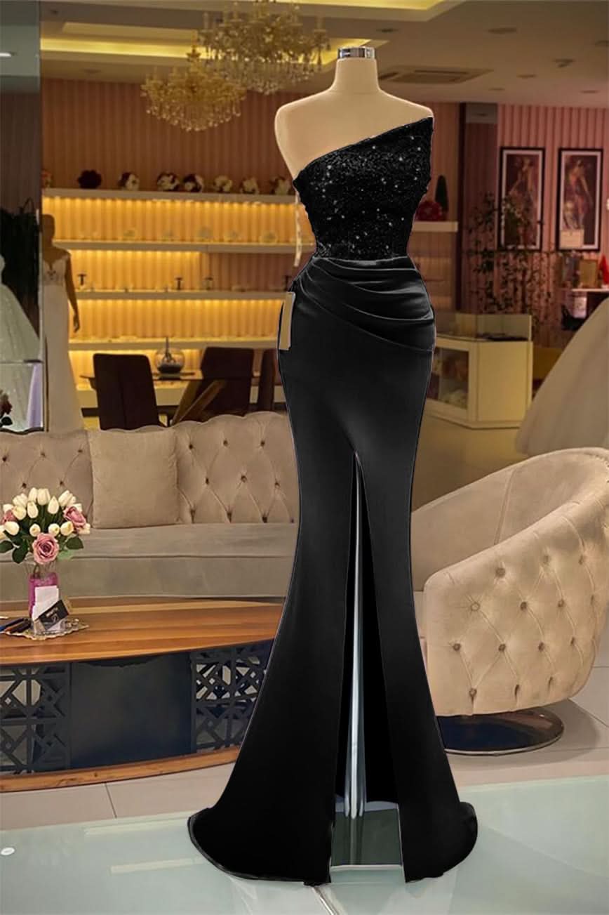 Light Purple Sleeveless Strapless Sequins Mermaid Prom Dress Long with Slit BM bride