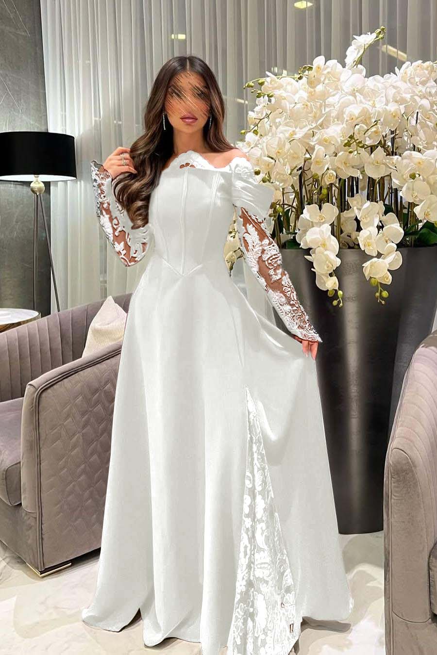 White Off the Shoulder Long Sleeves Long Prom Dress With Appliques BMBRIDE
