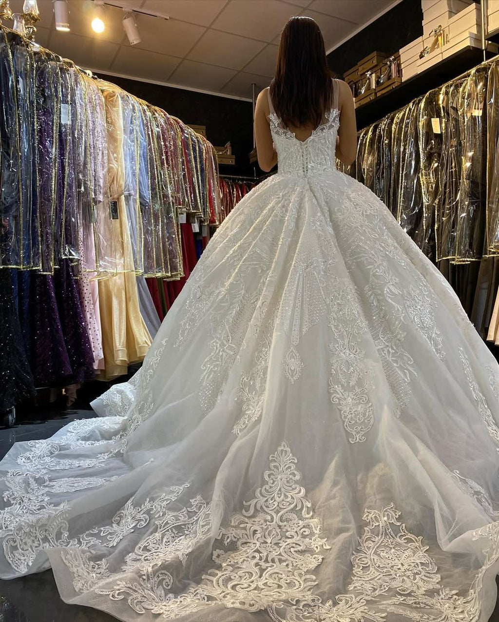 Gorgeous Lace Backless Floor-Length Wedding Dress with Train and V-Neck Appliques BM bride