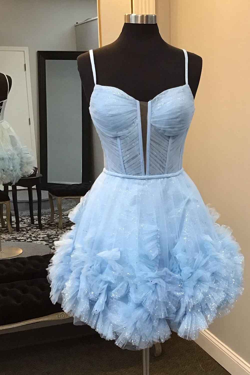 Glitter Pink Corset Tulle A-Line Tulle Short Homecoming Dress With Pocket Bmbride