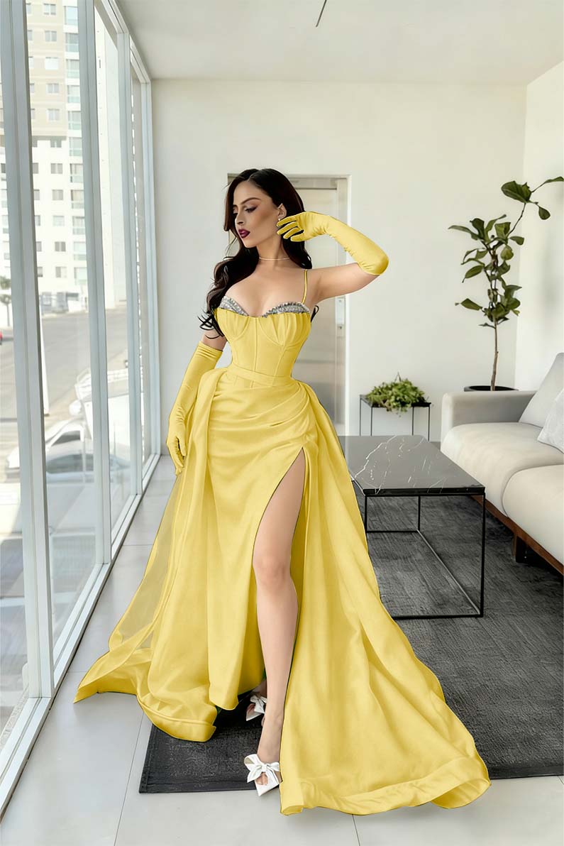 Spaghetti Strap Sleeveless Long Mermaid Prom Dress With Split Gloves BMBRIDE
