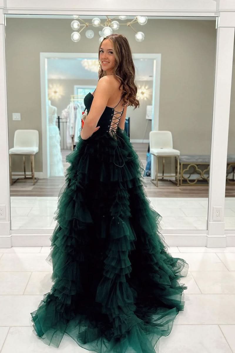 Elegant Dark Green Sweetheart Ruffle Tiered Tulle Long Prom Dresses,Formal Dresses,Prom Gowns,Women Formal Gowns,Quincea?Era Dresses,Cocktail Dresses,Prom Dress Custom Size with Slit BM bride