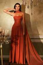 Chiffon Strapless Sleeveless Long Prom Dress With Ruffles Pleated