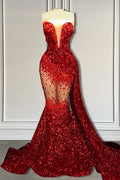 Red Mermaid Style Formal Dresses with Sweetheart Sequins and Ruffle for a Stylish Look BM bride