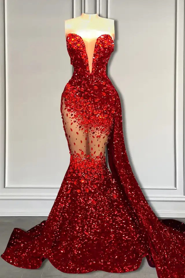 Red Mermaid Style Formal Dresses with Sweetheart Sequins and Ruffle for a Stylish Look BM bride