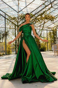Glamorous Dark Green One Shoulder Sleeveless Pleated Prom Dress With Split