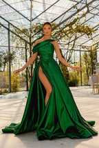 Glamorous Dark Green One Shoulder Sleeveless Pleated Prom Dress With Split