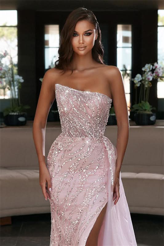 Modern Pink Strapless Mermaid Evening Dress with Ruffles and Beadings BM bride