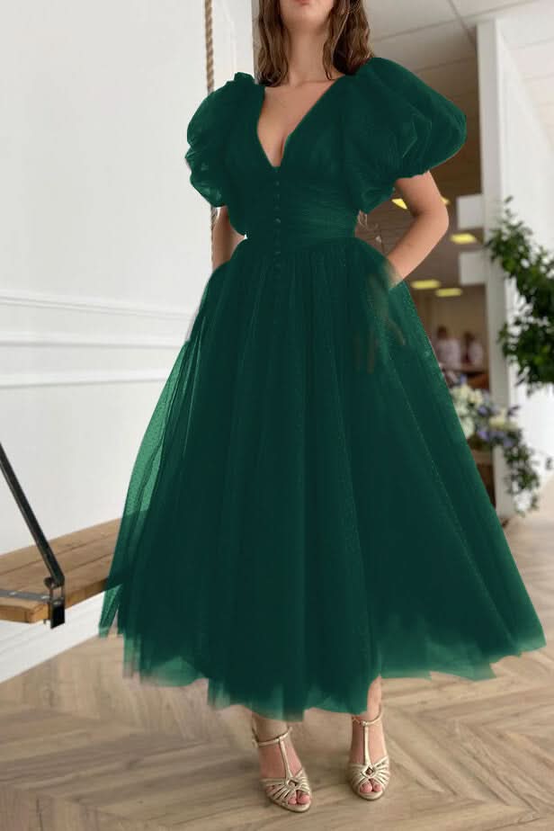 Dark Green V-Neck Evening Dress A-Line with Short Sleeves on Sale BM bride