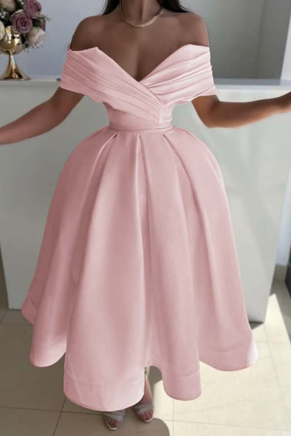 Off the Shoulder Sleeveless A Line Prom Dress With Pleated BMBRIDE