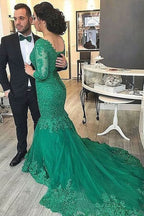 Emerald 3/4 Sleeve V-Neck Mermaid Prom Dress with Lace Appliques BM bride