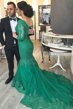 Charming Long Sleeves Mermaid Prom Dress Emerald V Neck With Lace Appliques