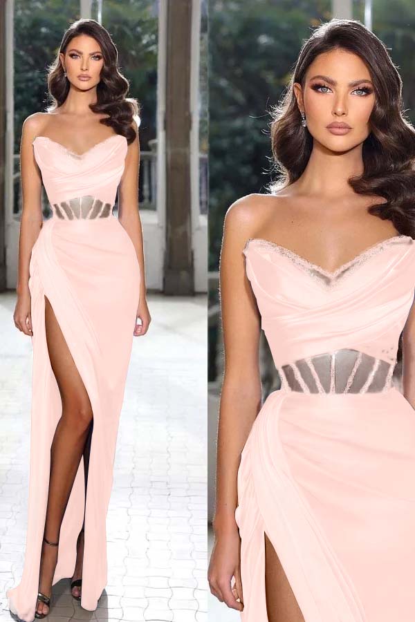 Strapless Sleeveless Long Mermaid Prom Dress With Split Pleated BMBRIDE