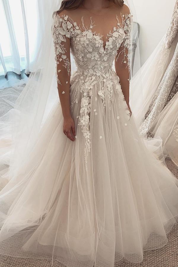 Elegant Sweetheart Long Sleeve A-Line Tulle Wedding Dress with Lace Appliques BM bride