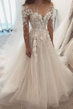 Elegant Sweetheart Long Sleeve A-Line Tulle Wedding Dress with Lace Appliques BM bride