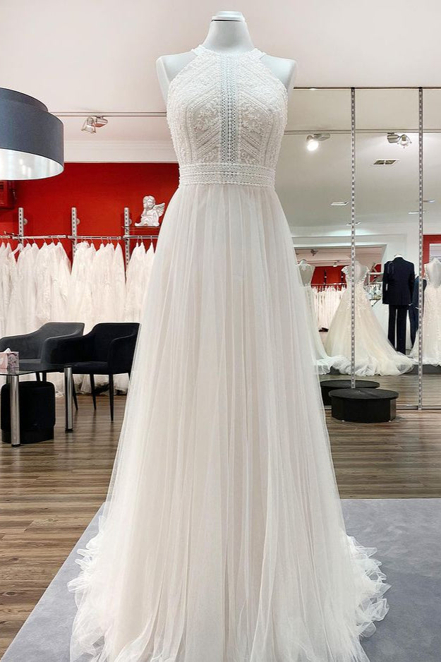 Long A-Line Halter Backless Wedding Dress with Tulle Lace BM bride