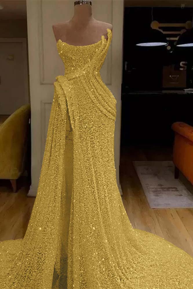 Sequin Strapless Sleeveless Long Mermaid Prom Dress With Split BMBRIDE