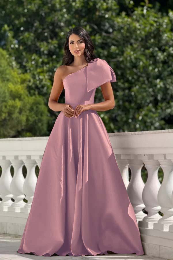 One Shoulder Sleeveless Long Prom Dress With Pleated Bowknot