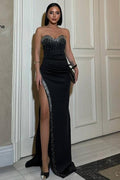 Strapless Sleeveless Mermaid Split Long Prom Dress With Beading