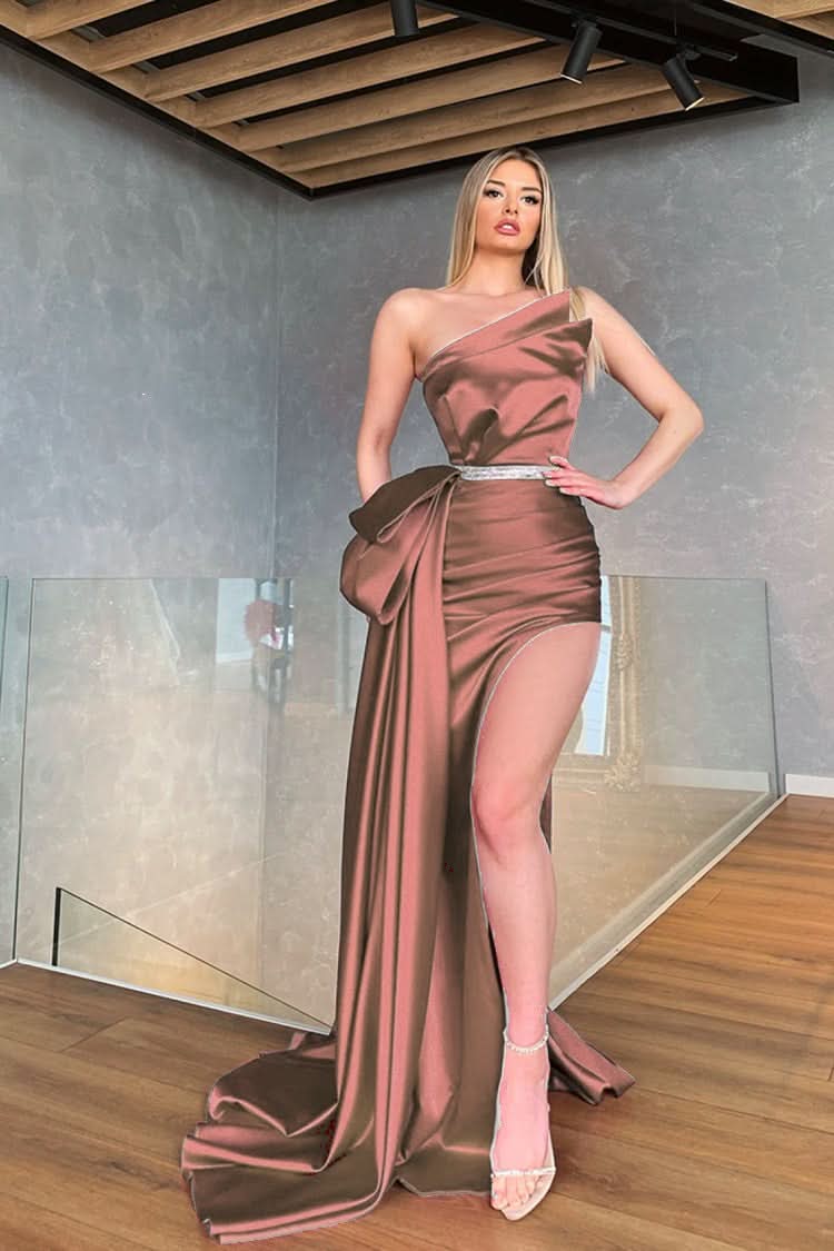 Fuchsia Prom Dress with Trail Sleeveless Charmeuse High Slit BM bride