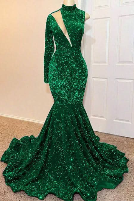 Green High Neck Long Sleeve Sequined Mermaid Long Prom Dress BM bride