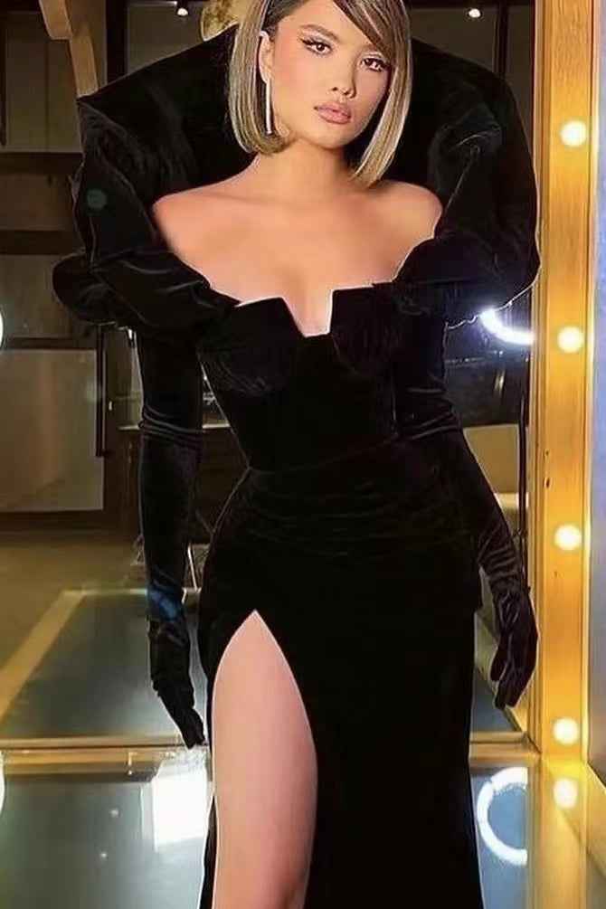 Black Long Sleeves Pleated Mermaid Prom Dress With High Split