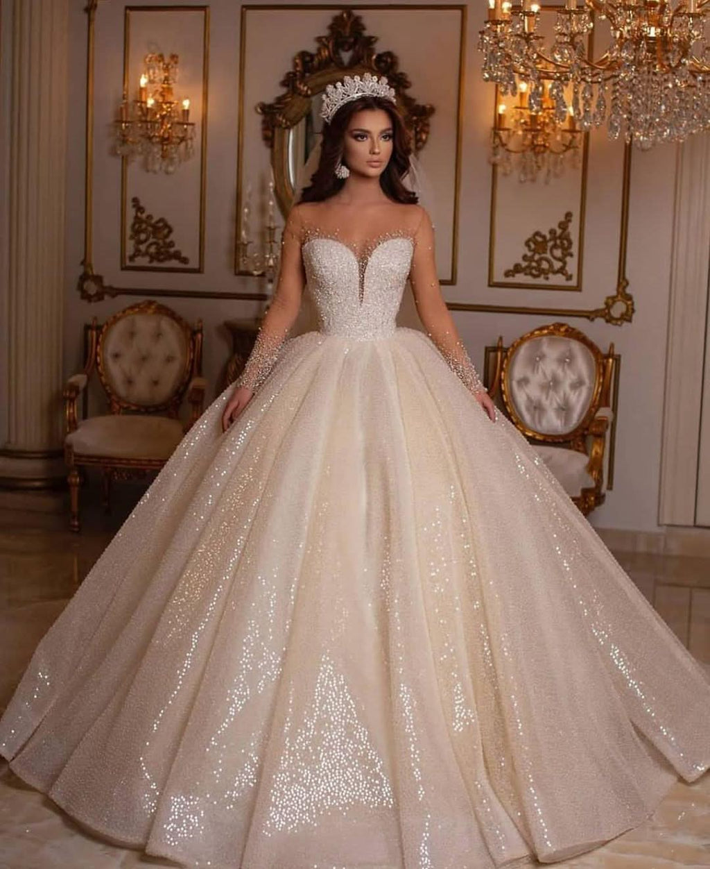 Luxury Long Ball Gown Sweetheart Wedding Dress with Sleeves BM bride