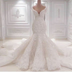 V-Neck Ruffle Floor-Length Mermaid Wedding Dress with Lace Appliques BM bride