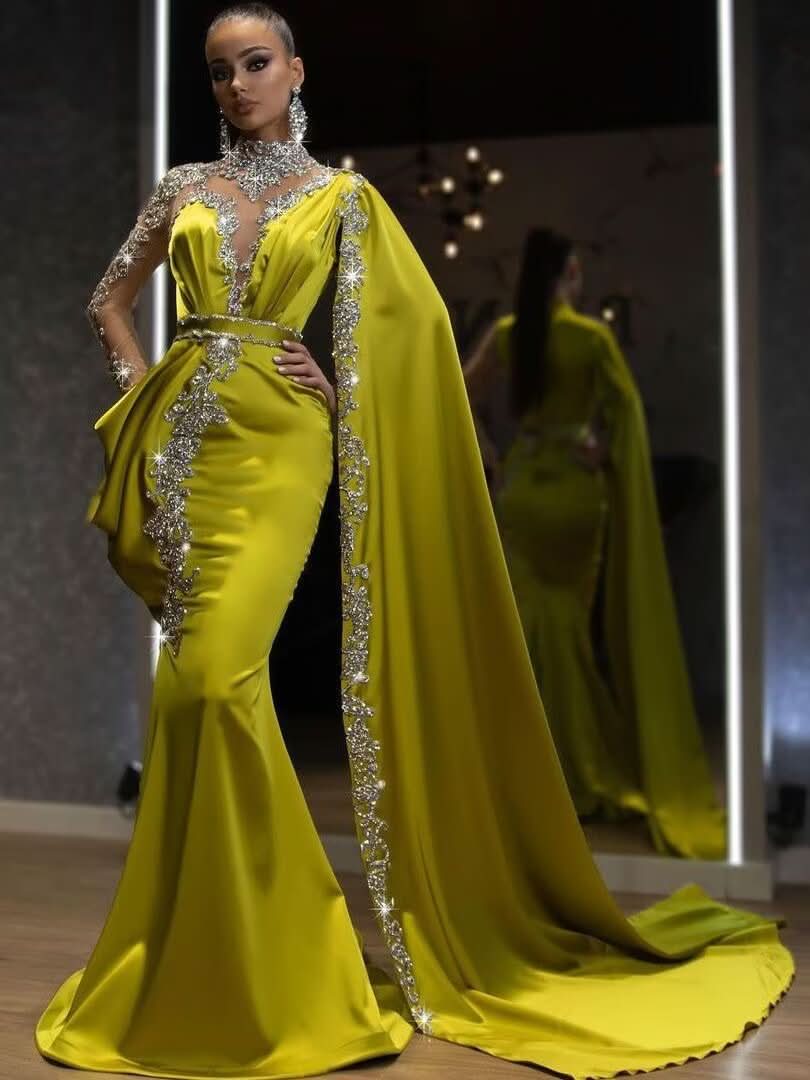 Shining Yellow Beaded Embroidery Floor-Length Mermaid Prom Dress with Shawl BM bride