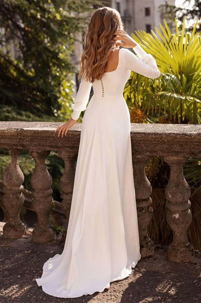 Square Neck Long Sleeve A-Line Wedding Dress BM bride
