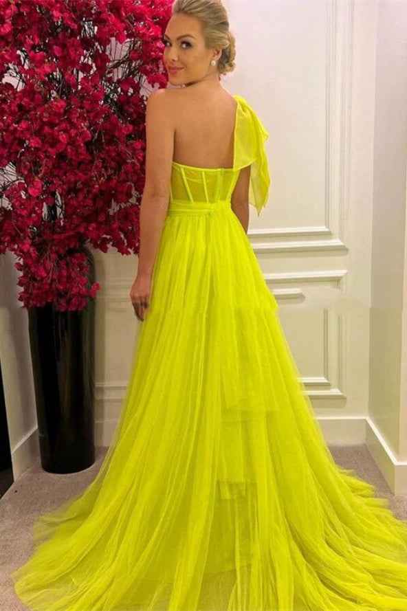 Glamorous Sleeveless A Line One Shoulder Tulle Long Prom Dress With Split