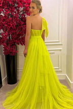 Glamorous Sleeveless A Line One Shoulder Tulle Long Prom Dress With Split