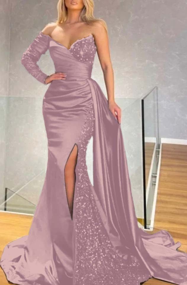Long Sleeve Strapless Long Split Prom Dress With Pleated Sequins BMBRIDE