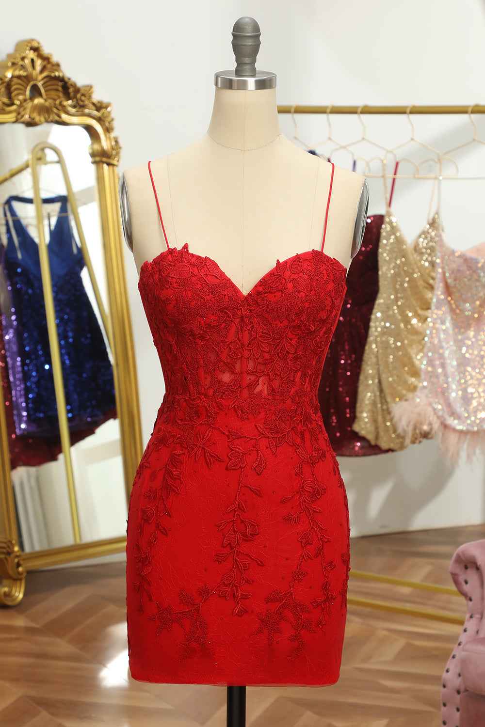 Stormy Spaghetti Straps Tight Short Homecoming Dress with Appliques Bmbride