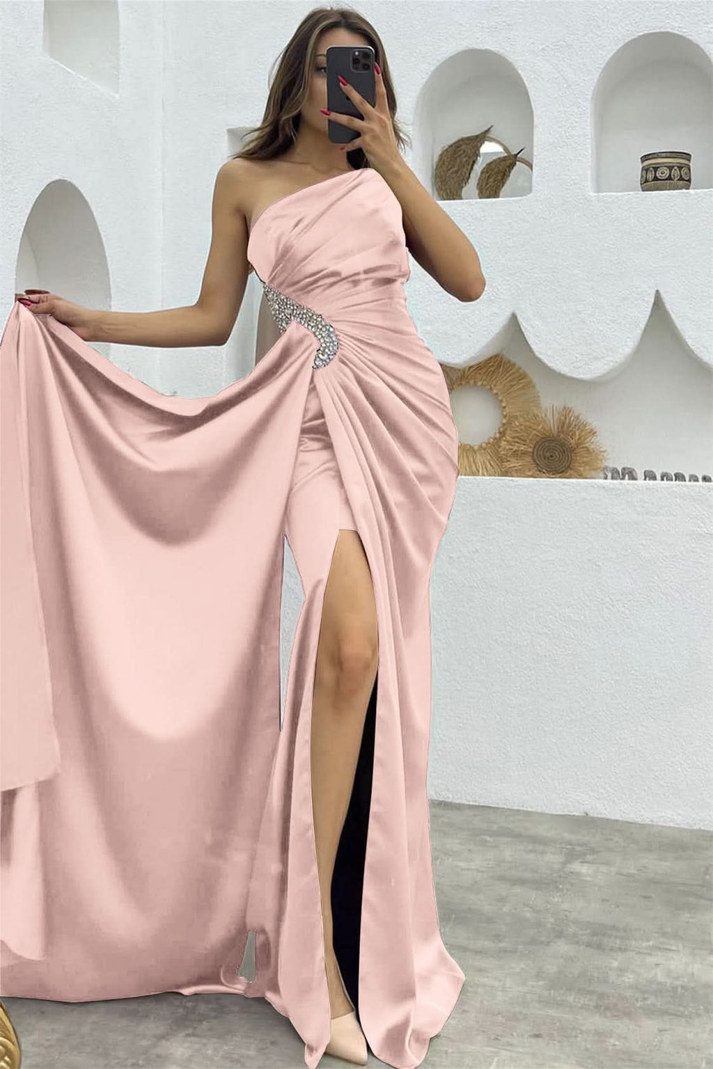 Dark Purple Sequin Split Mermaid One-Shoulder Evening Dress with Long Ruffles BM bride