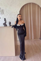 Black Prom Dress with Gloves Long Mermaid Appliques Satin BM bride