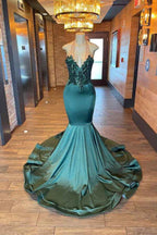 Sleeveless Halter V Neck Mermaid Unique Prom Dress Appliques With Beads