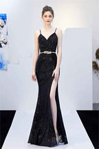 Dark Navy Sequins V Neck Sleeveless Spaghetti Strap Long Mermaid Prom Dress With Split