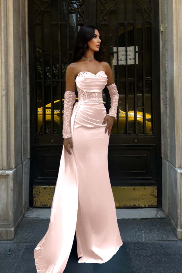 Sweetheart Strapless Sleeveless Long Mermaid Prom Dress With Pleated BMBRIDE