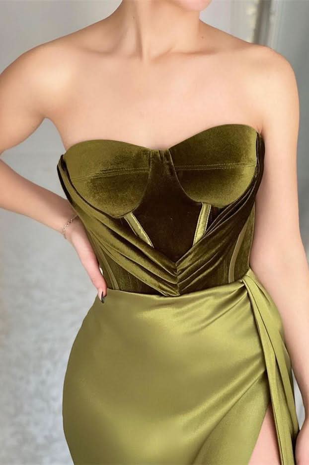 Olive Green Strapless Mermaid Evening Dress with Split BM bride