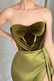 Olive Green Strapless Mermaid Evening Dress with Split BM bride